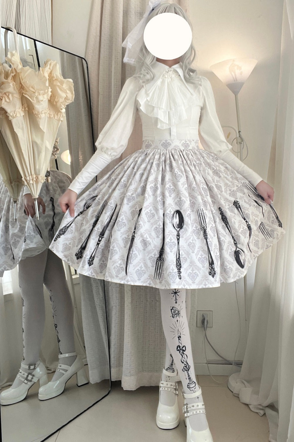 Silver Tableware Print Half-Length Skirt