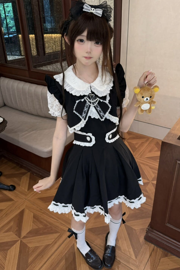 Black And White Lace Layered-Look Dress Set