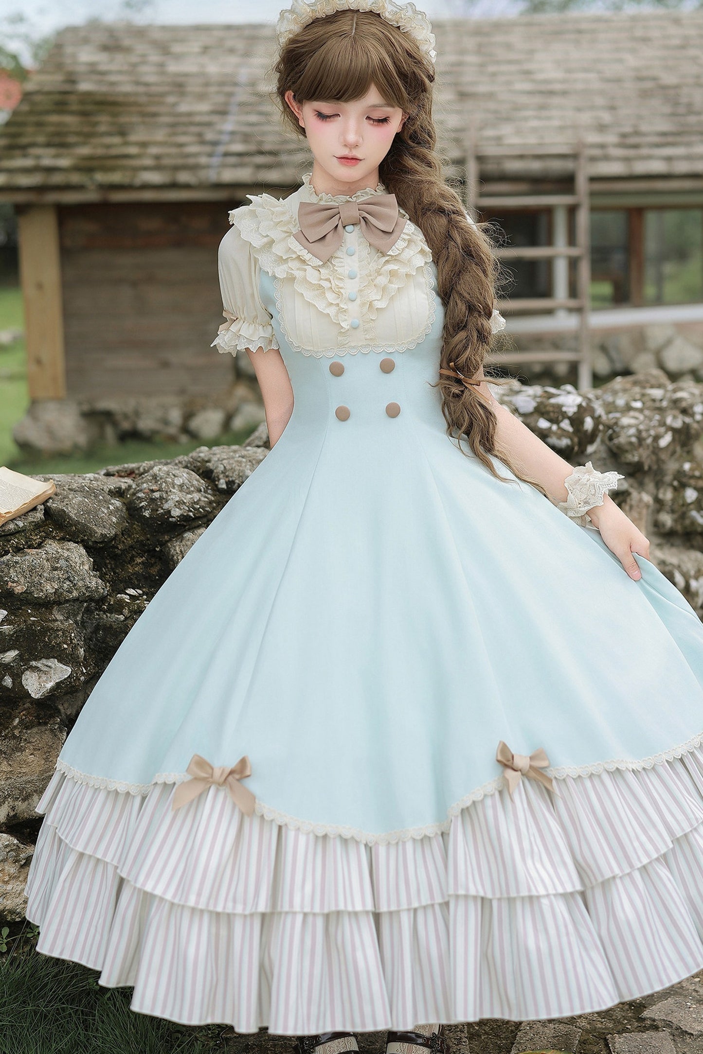 Lace Stand Collar Petal Hem Ruffle Dress