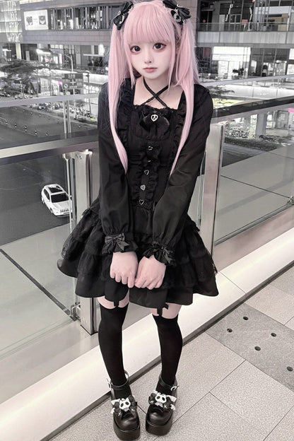 Lace Long Sleeve Cross-Tie Bow Dress