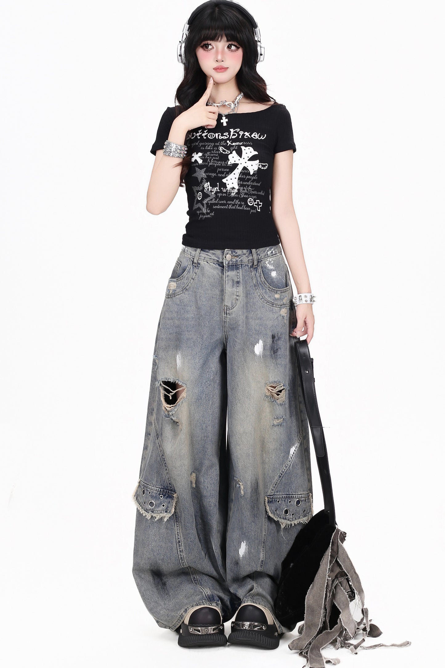 Vintage-Waschung Damage-Jeans mit weitem Bein
