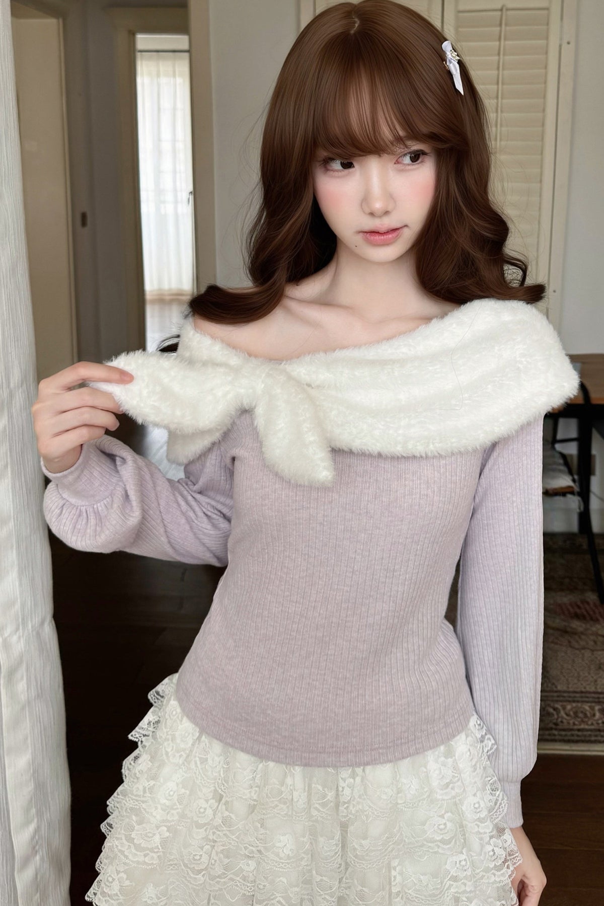 Fliederfarbenes Stricktop und Rock-Set