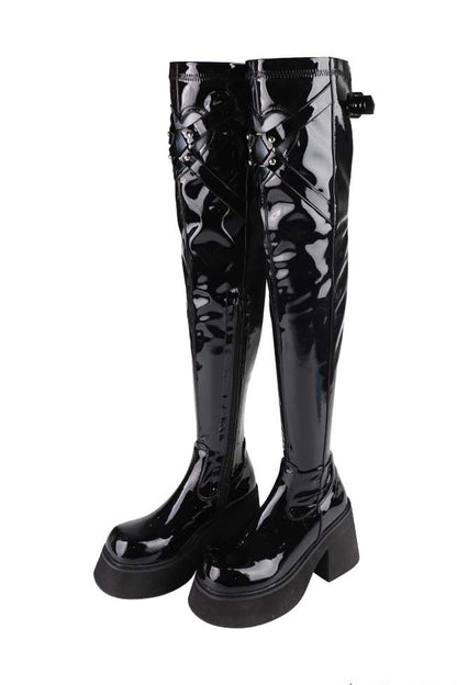 Extra-Long Tight Stretch Patent Leather Platform Boots