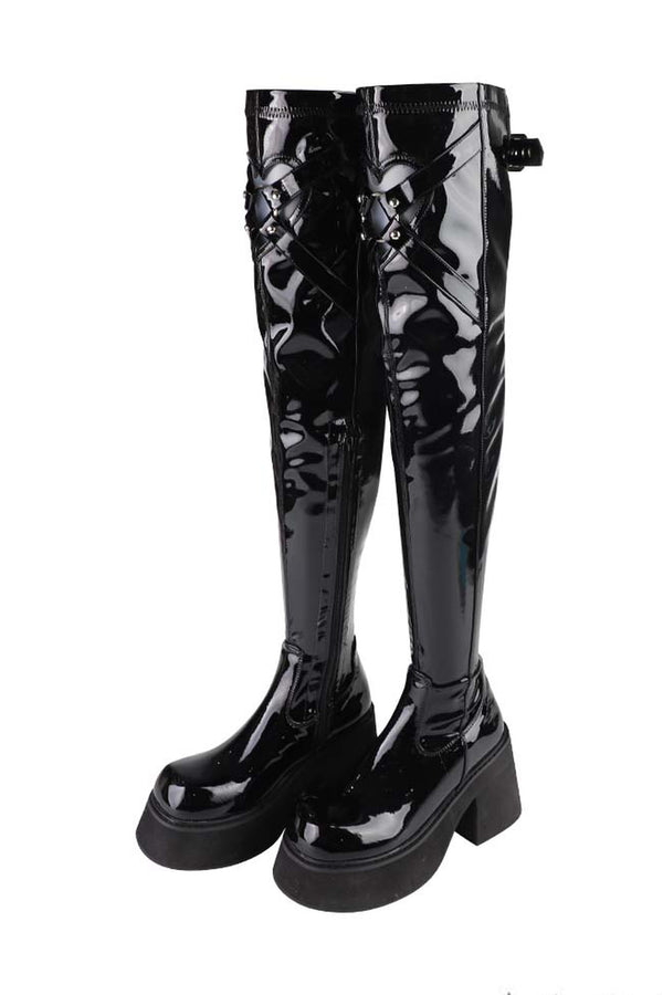 Extra-Long Tight Stretch Patent Leather Platform Boots