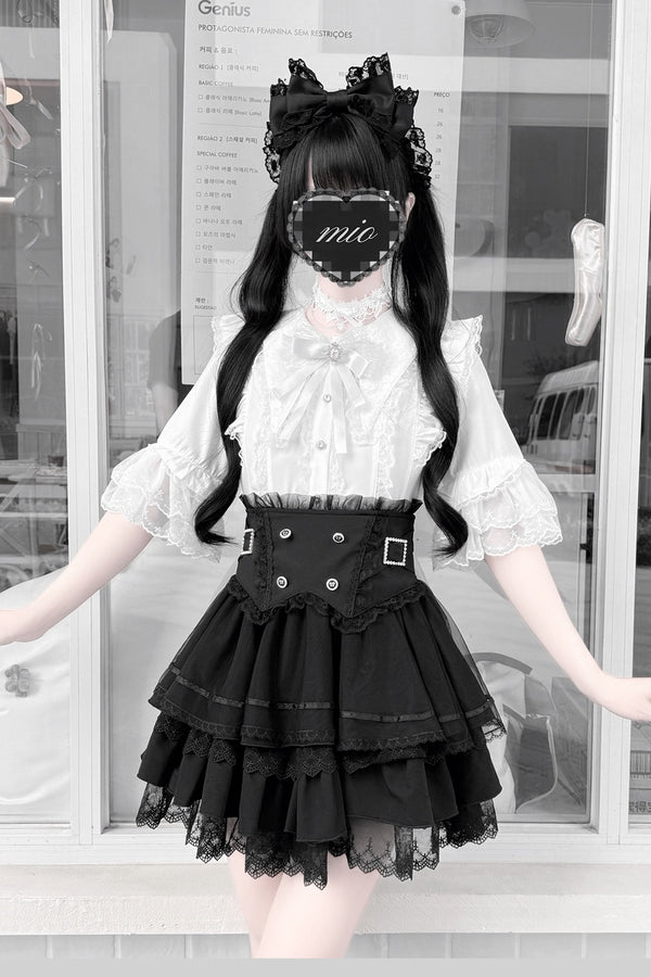 Cherry Short-Sleeved Lace Collar Shirt and Skirt Set-Up
