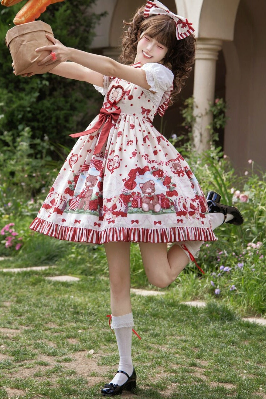 Strawberry Gift Box Lolita Print Suspender Dress Set-Up