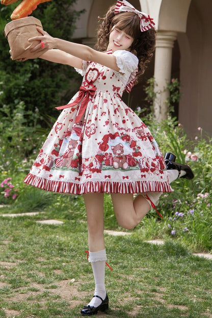 Strawberry Gift Box Lolita Print Suspender Dress Set-Up