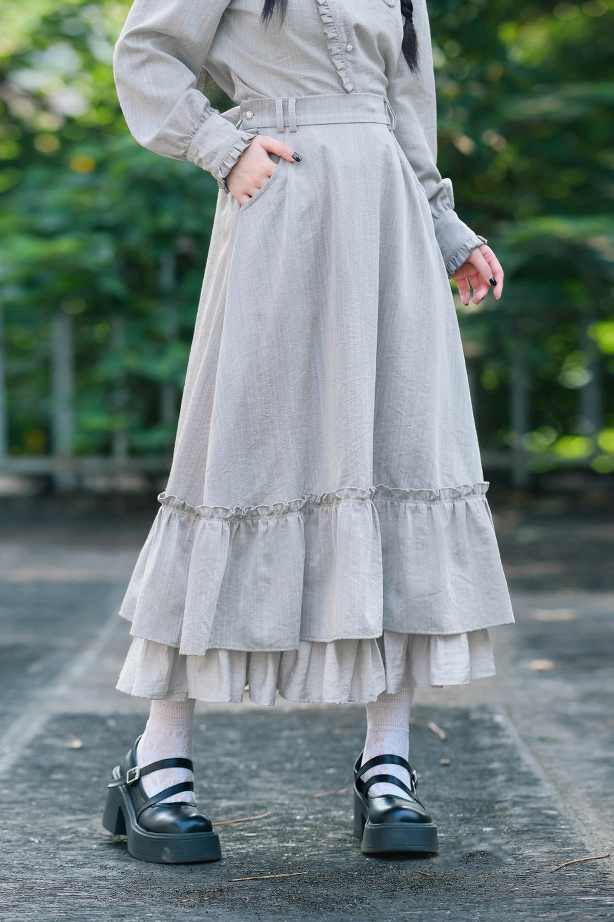 Deer Smoke Slanted Placket Shirt and Double Layer Skirt Set-Up
