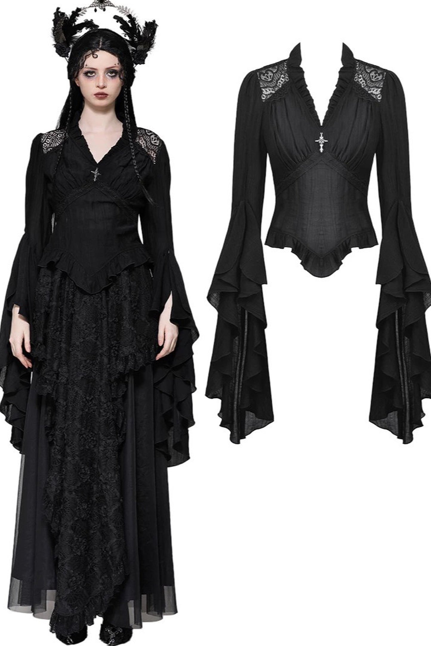 Gothic-Spitzenbluse mit ausgestellten Ärmeln