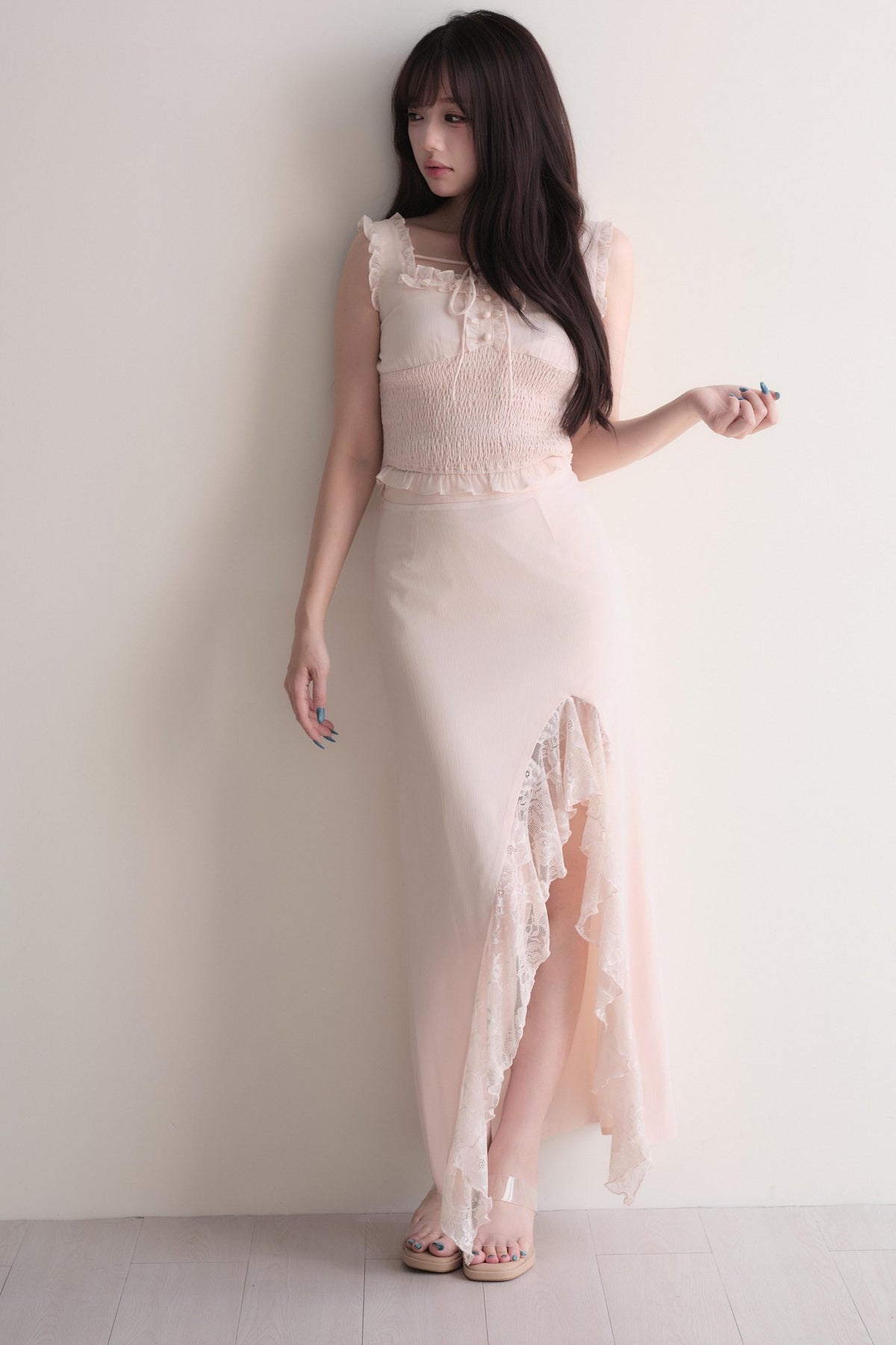 Elegant Ruffle Top & Lace Slit Skirt Set