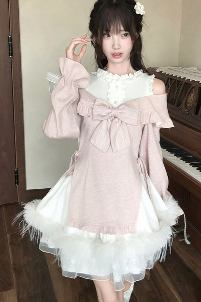 Moon Rabbit Big Bow Off-Shoulder Top and Skirt Set