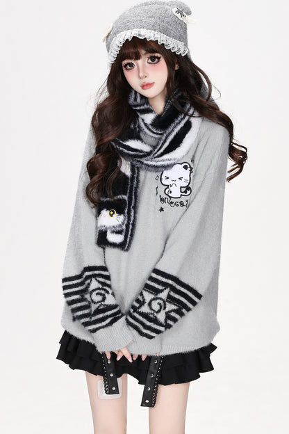 Cat Striped Knit Pullover Sweater