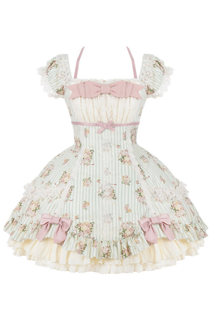 Conjunto coordinado de vestido con estampado de rosas y falda de doble volante