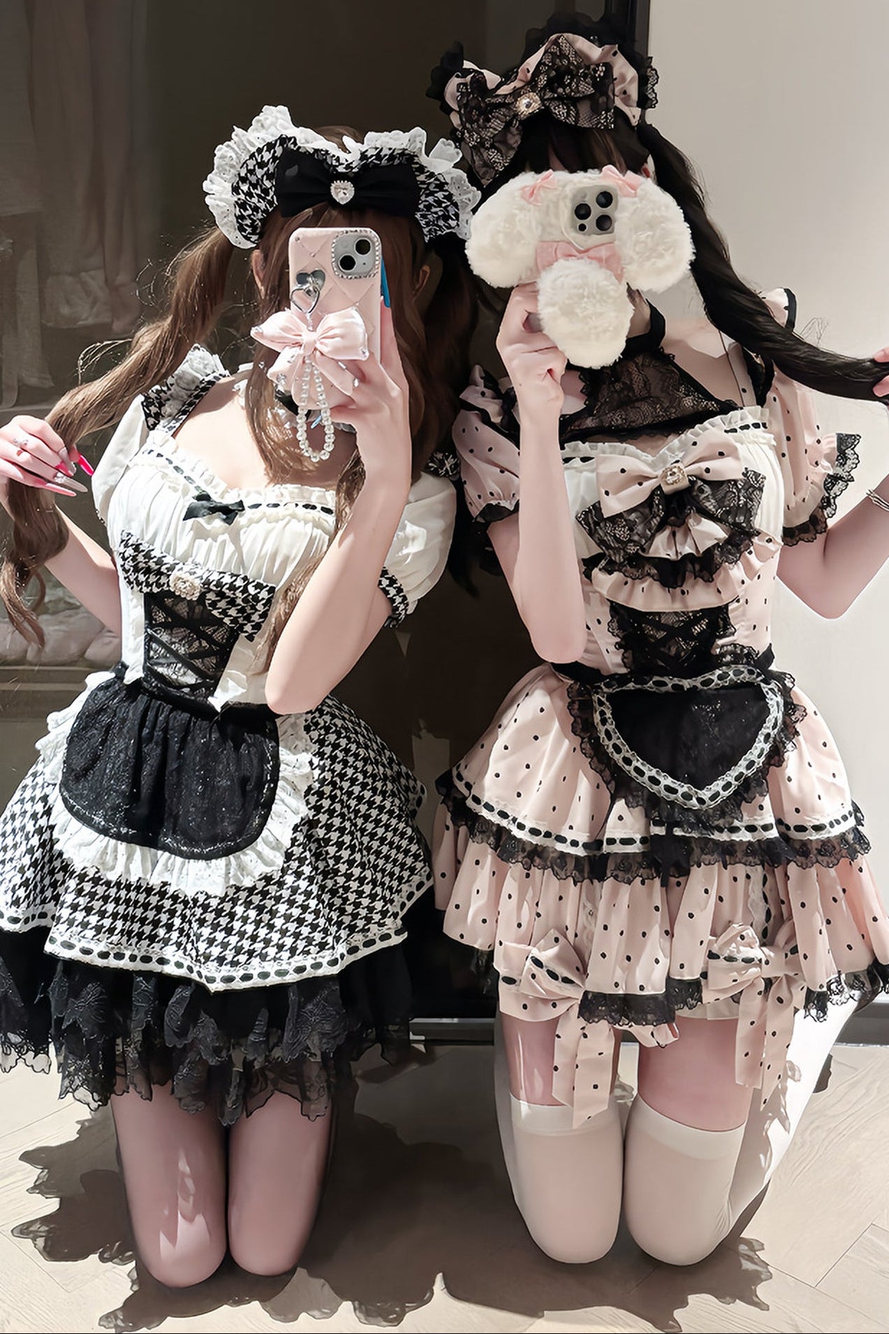 千鳥リボンドールメイドロリータドレス