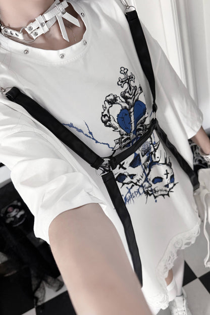 Loose Short-Sleeve Belted Patchwork T-Shirt