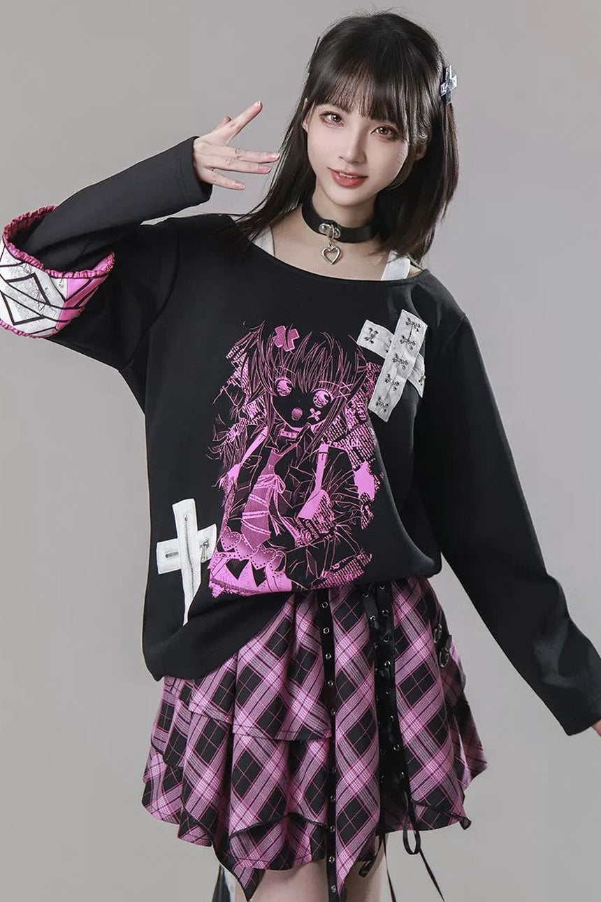 Cross-Decorated Armband Shoulder Strap T-Shirt
