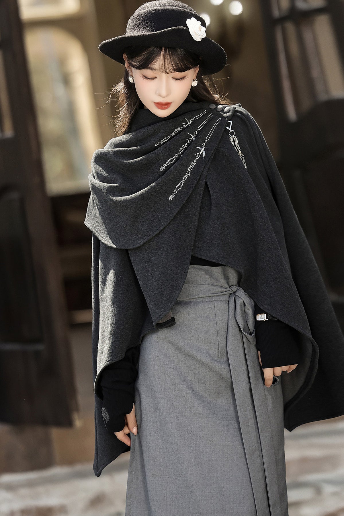 Ensemble jupe et cape en laine de style chinois