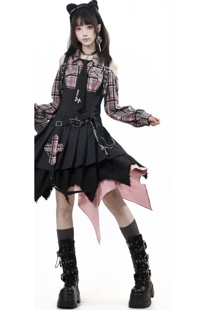 Retro Plaid Off-Shoulder Shirt and Suspender Skirt Set-Up
