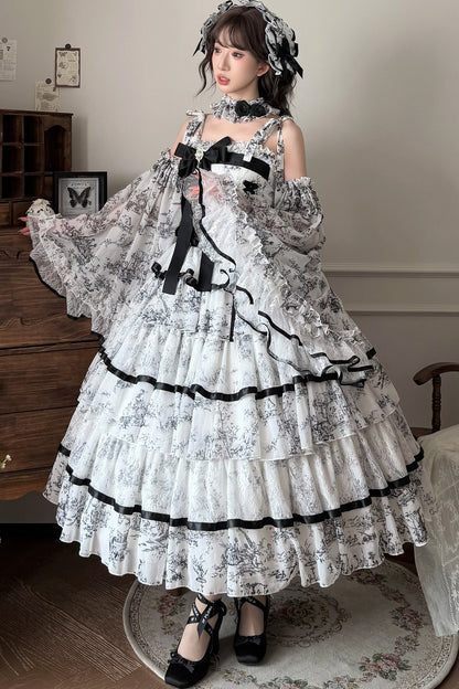 Lolita-Kleid mit Tuschewaschung und Fischgrätenmuster