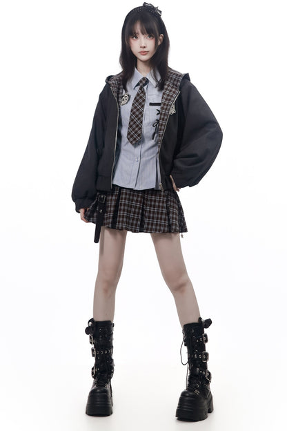 Conjunto de chaqueta reversible de cuadros con camisa y falda