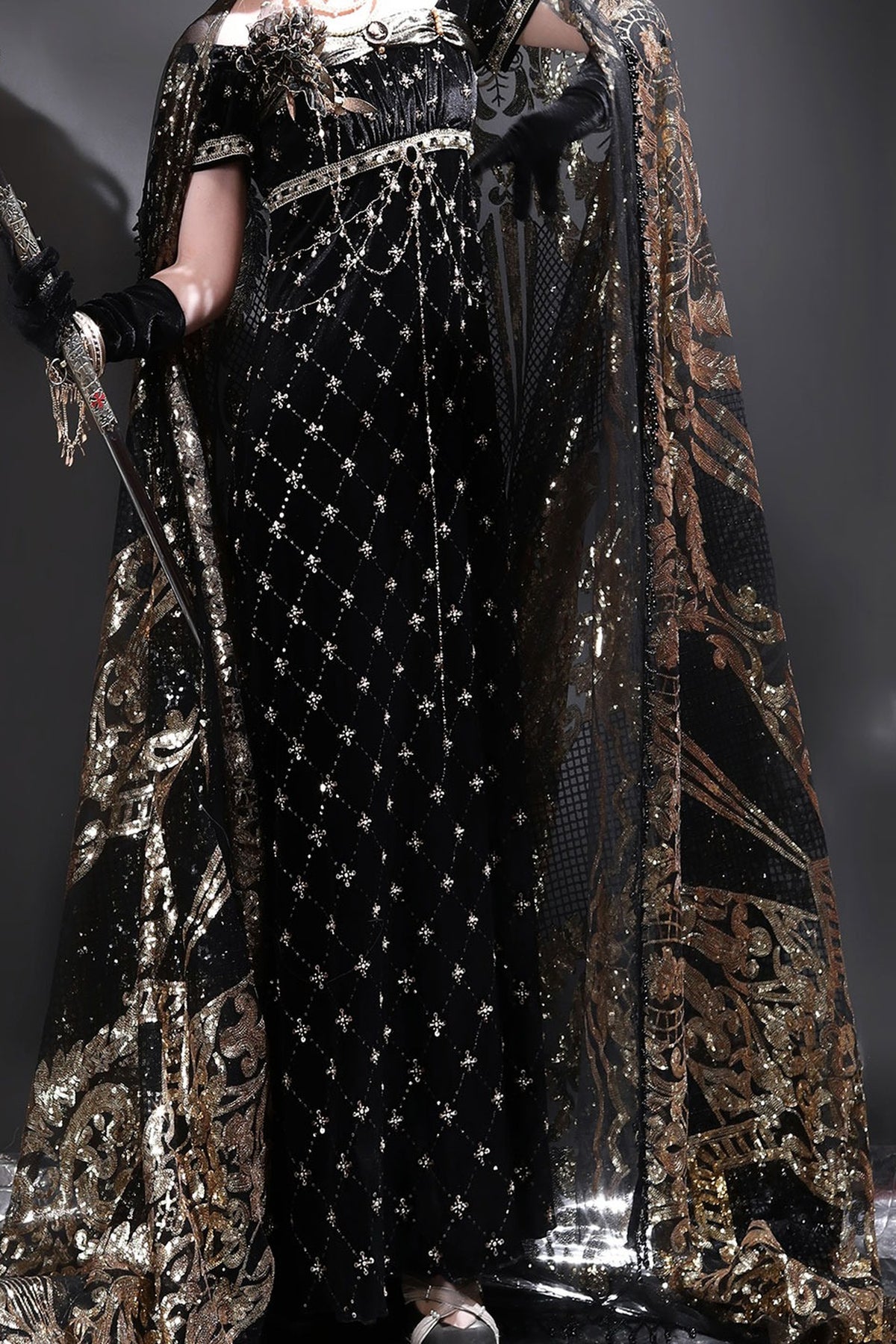 Black Gold Beaded Empire Dress
