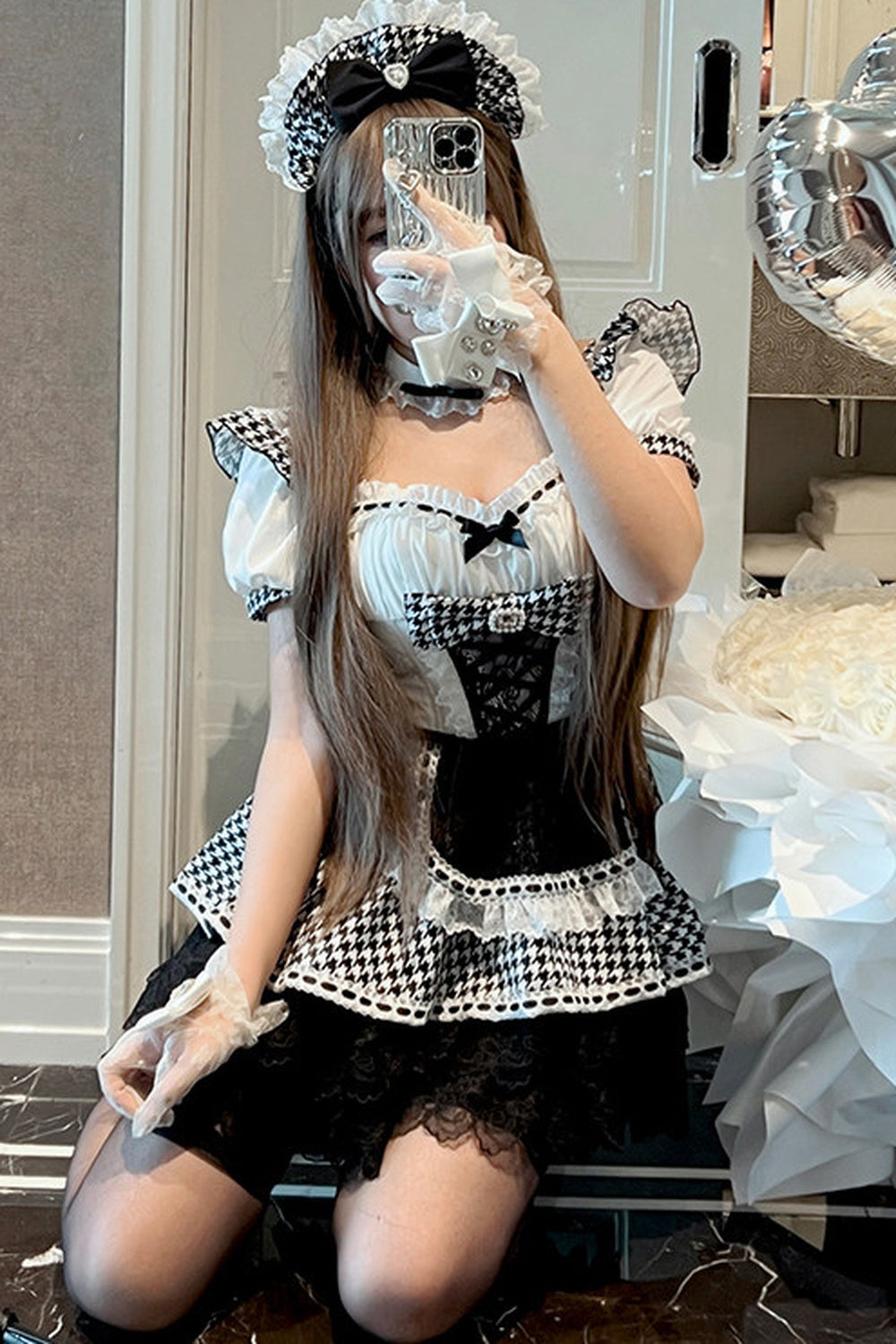 千鳥リボンドールメイドロリータドレス