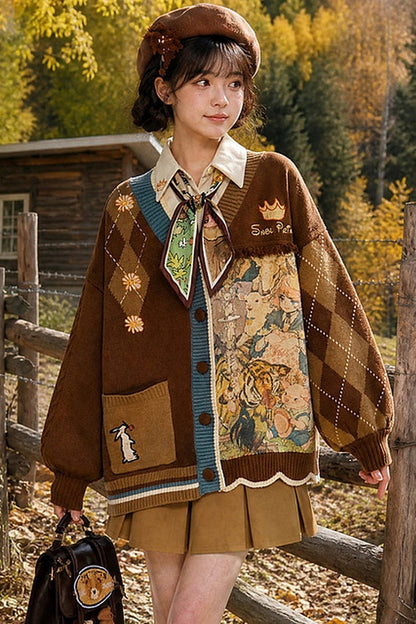 Vintage Oil Painting Knit Cardigan And Skirt