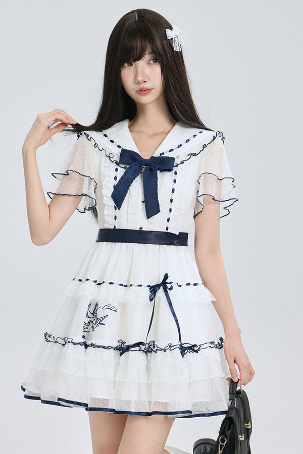 Navy Collar Bird Embroidery Tiered Ribbon Dress