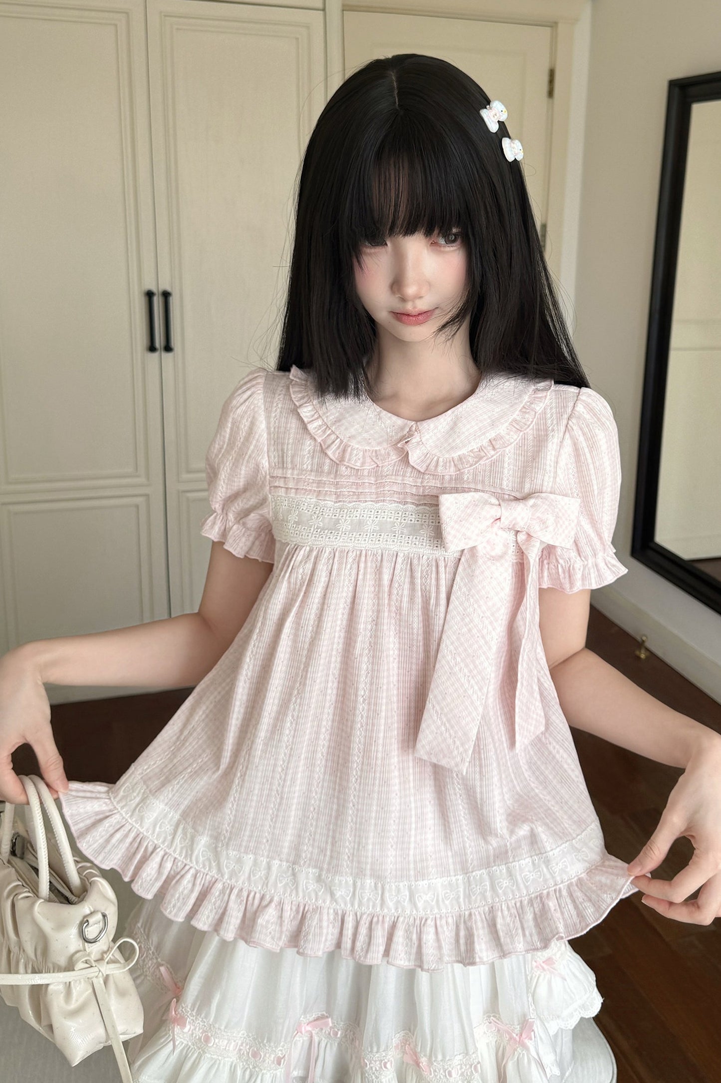 Loose Peach Textured Plaid Doll Shirt And Lace Dress Set-Up