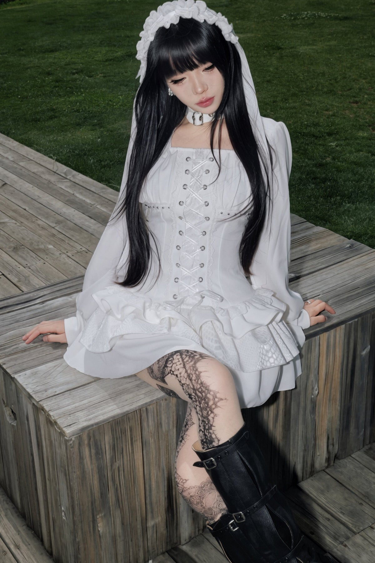 White Gothic Patchwork Corset Dress