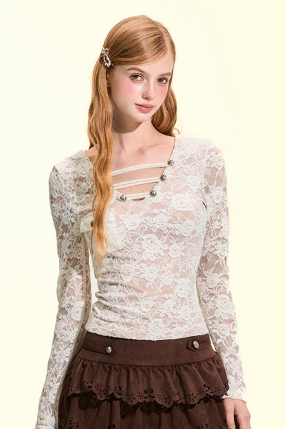 Metal Buckle V-Neck Lace Blouse