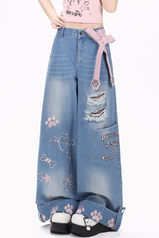 Paw Print Ribbon Distressed Denim Pants