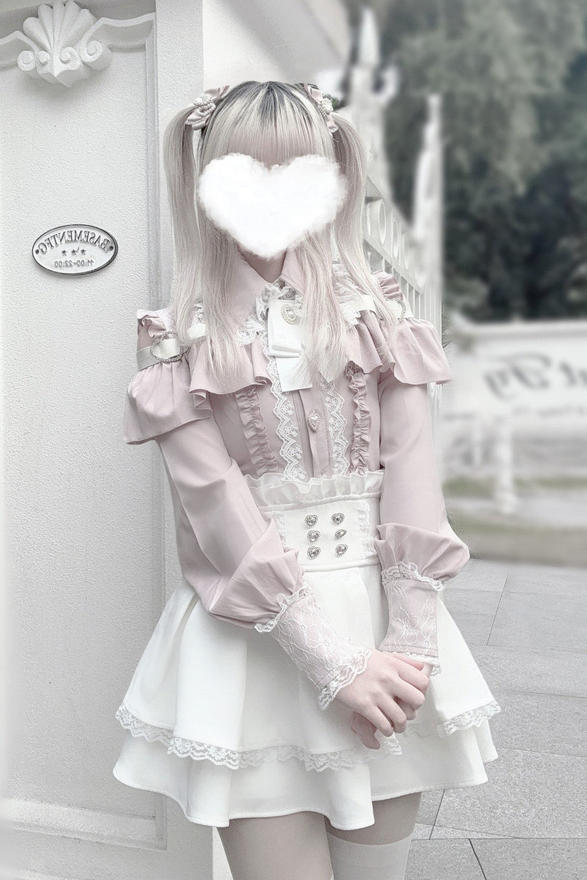 [Pre-order] Cold Shoulder Heart Buckle Long Sleeve Ruffle Lace Blouse with Bow Tie + Lace-Trim Pleated Mini Skirt Set