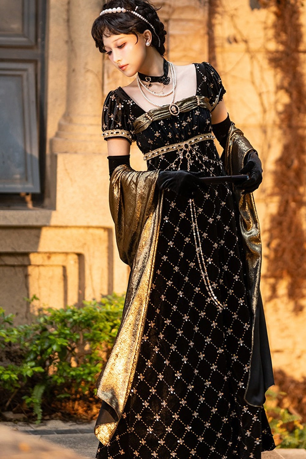 Black Gold Beaded Empire Dress