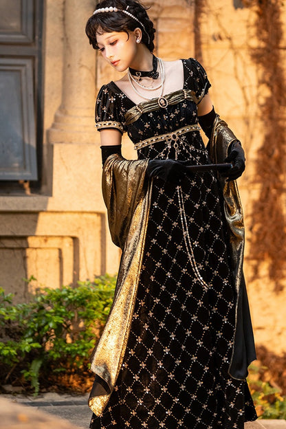 Black Gold Beaded Empire Dress
