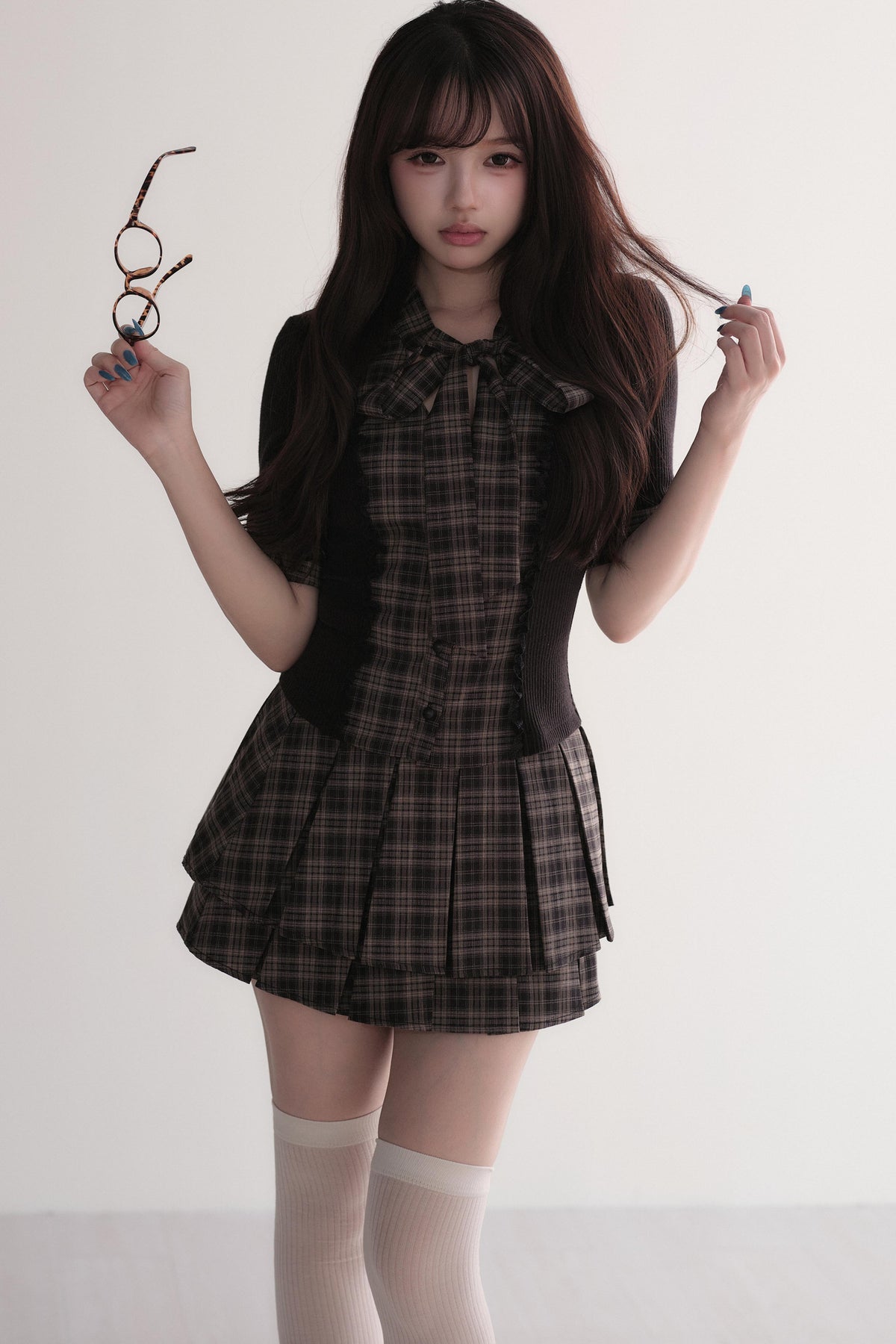 Plaid Patchwork Top and Skirt Set