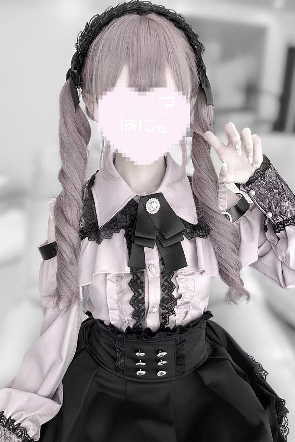 [Pre-order] Cold Shoulder Heart Buckle Long Sleeve Ruffle Lace Blouse with Bow Tie + Lace-Trim Pleated Mini Skirt Set