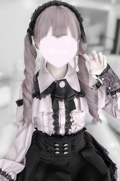 [Pre-order] Cold Shoulder Heart Buckle Long Sleeve Ruffle Lace Blouse with Bow Tie + Lace-Trim Pleated Mini Skirt Set