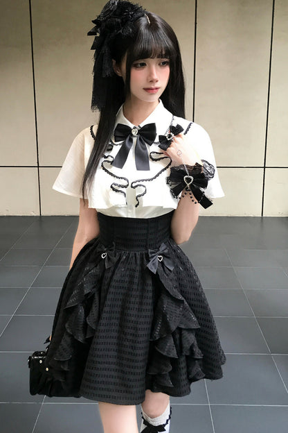 Black-White Cape Blouse And Plaid Skirt Set-Up