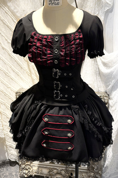 Original from Jiuyu Market: Black and Red Plaid Puff-Sleeve Knit Top with Military-Style Mesh Cake Skirt Set