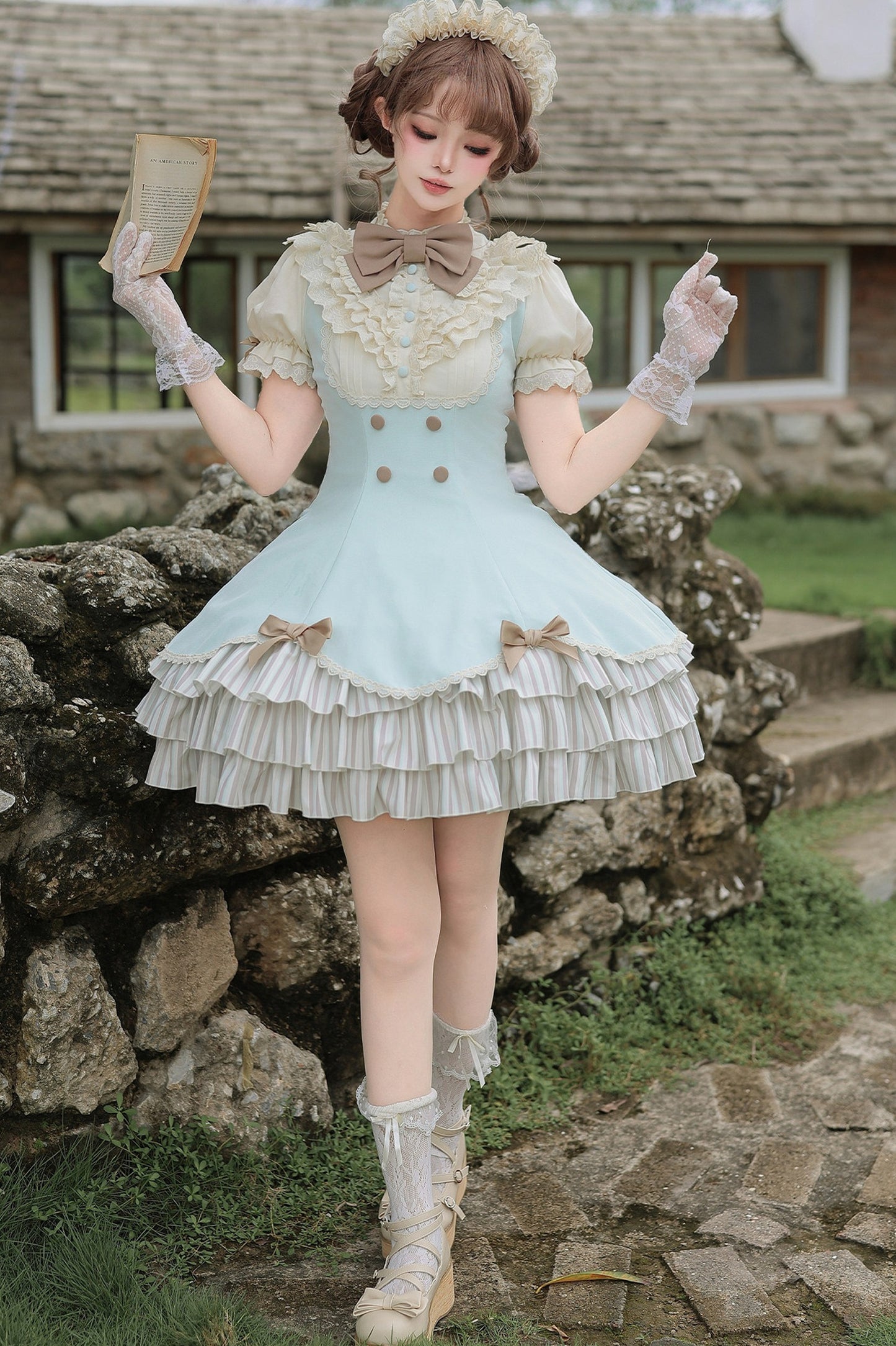 Lace Stand Collar Petal Hem Ruffle Dress