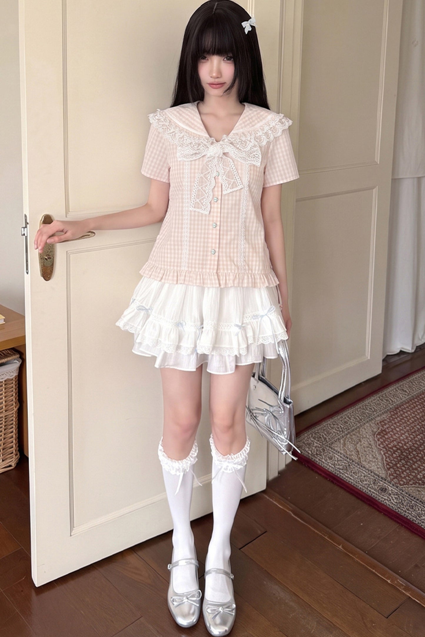 Pink Plaid Lace Trim Tie Top and Skirt Set-Up