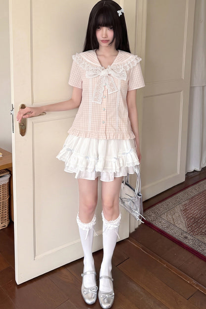 Pink Plaid Lace Trim Tie Top and Skirt Set-Up