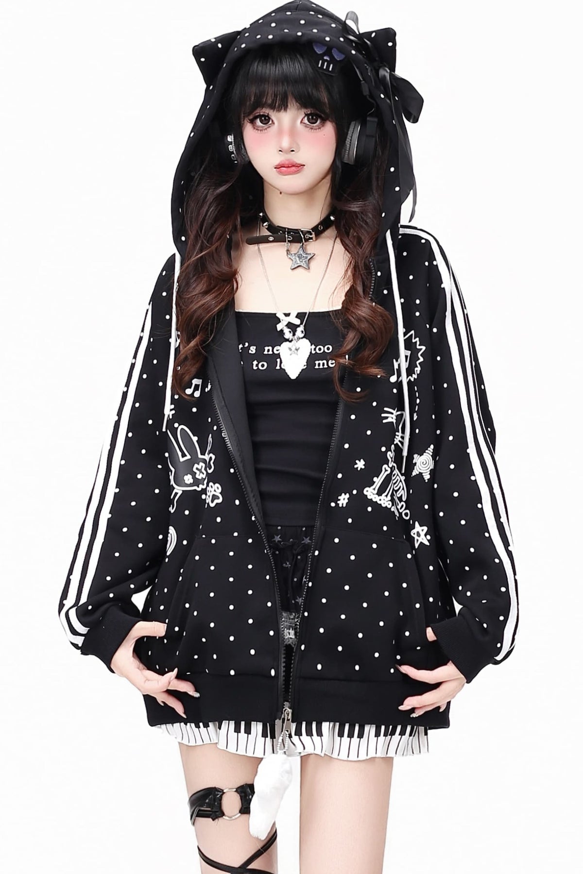 Skull Cat Ear Polka Dot Hooded Jacket