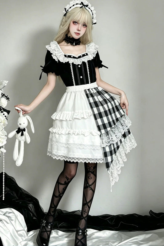 Lace Trim Plaid Skirt + Top + Hair Accessories