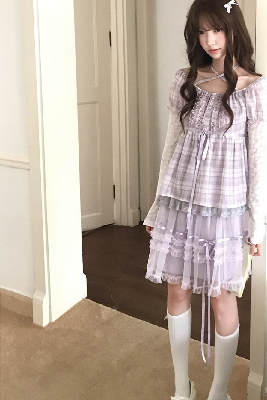 Plaid Lace Halter Top and Mesh Skirt Set
