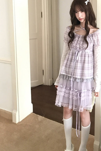 Plaid Lace Halter Top and Mesh Skirt Set