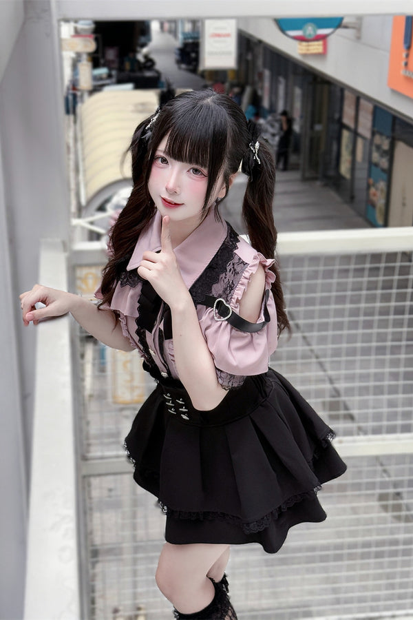 Cherry Short-Sleeve Shirt and Skirt Set-Up