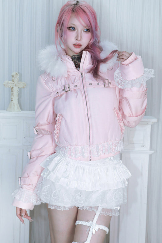 Pink Strap Detachable Collar Padded Jacket