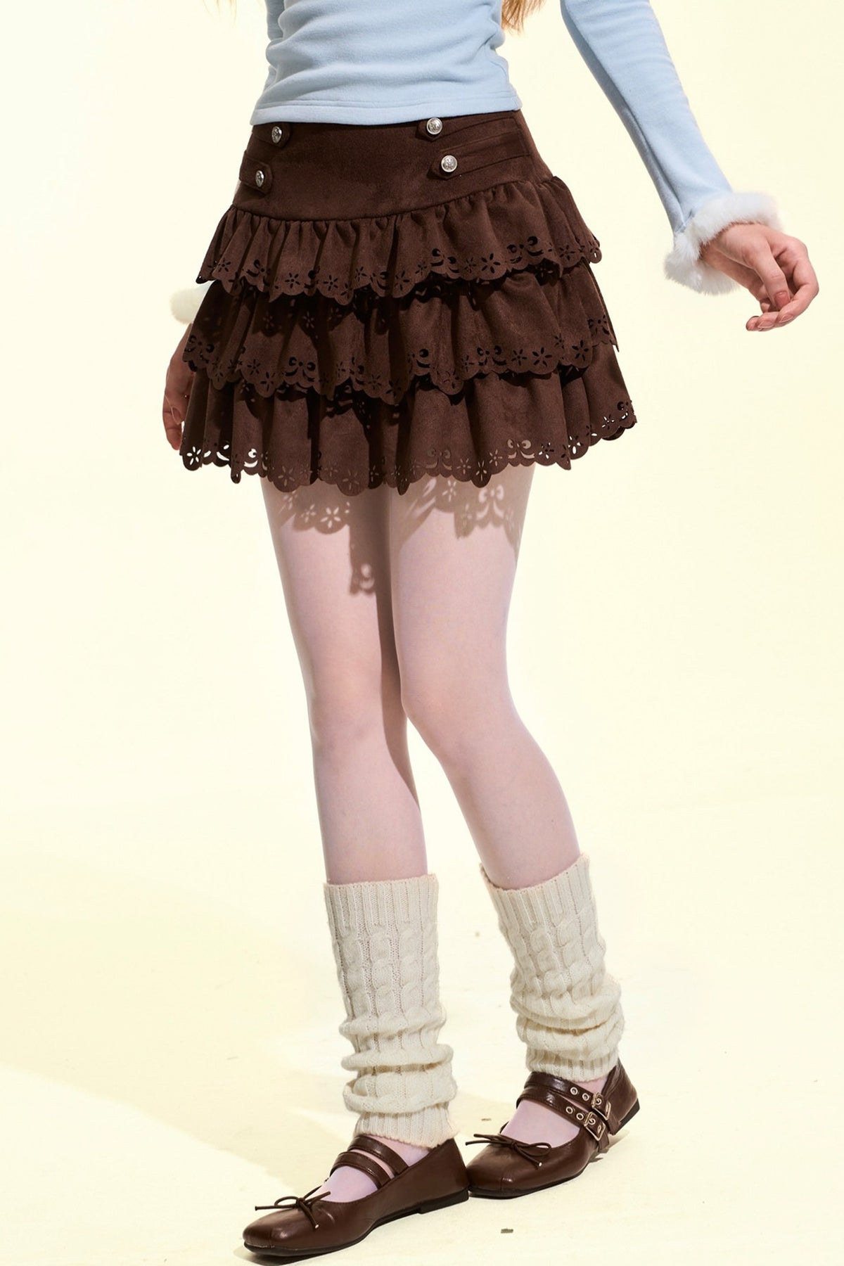 Brown Suede Multi-Layered Ruffle Cake Skirt